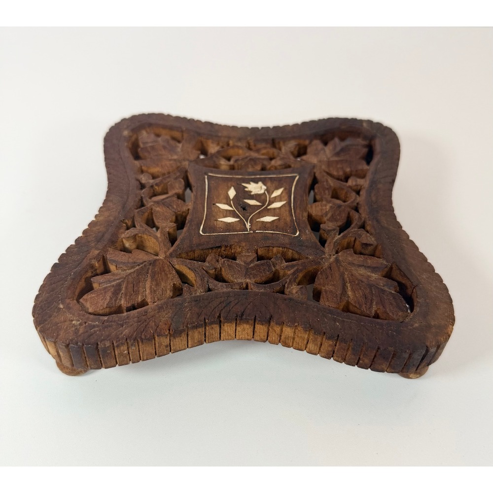 Vintage Hand Carved‎ Wood Trivet Floral Inlay Footed Hot Plate Made in India 6in